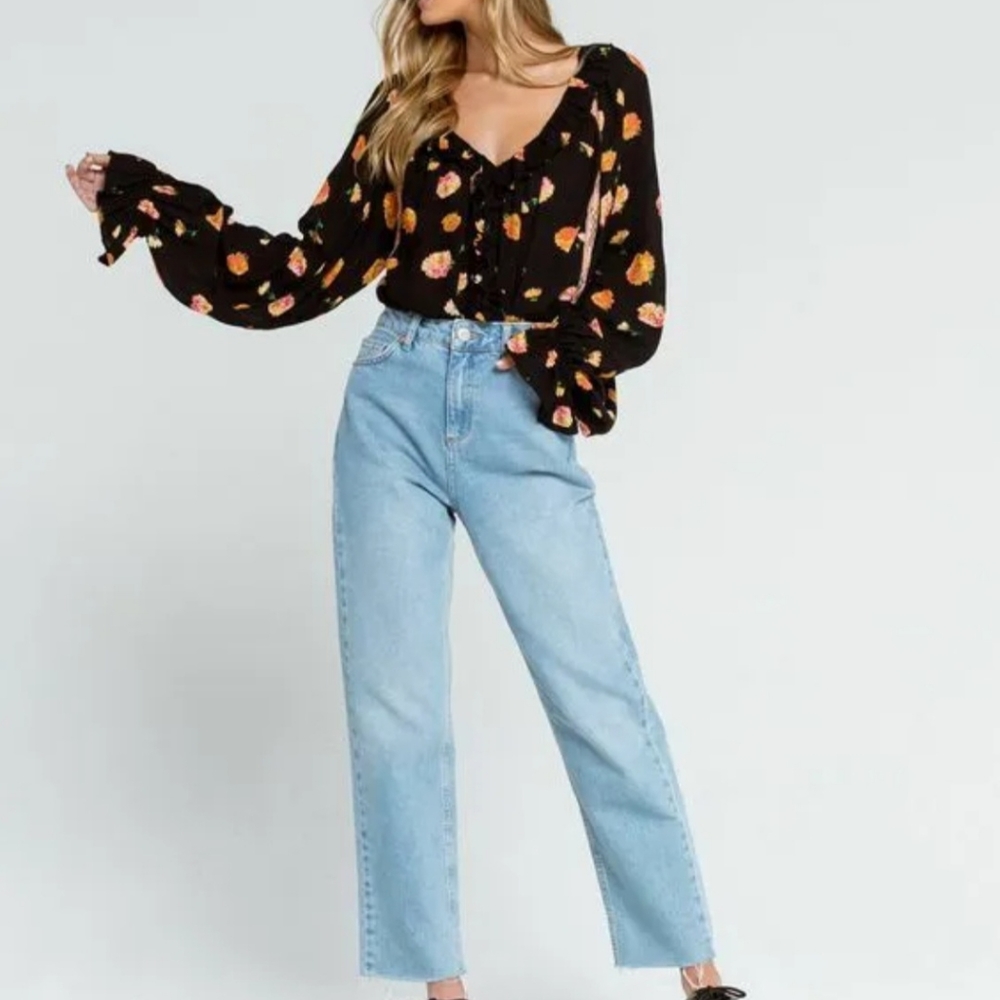 Free People Bodysuit Black Floral Lace Ruffle Top Size Med